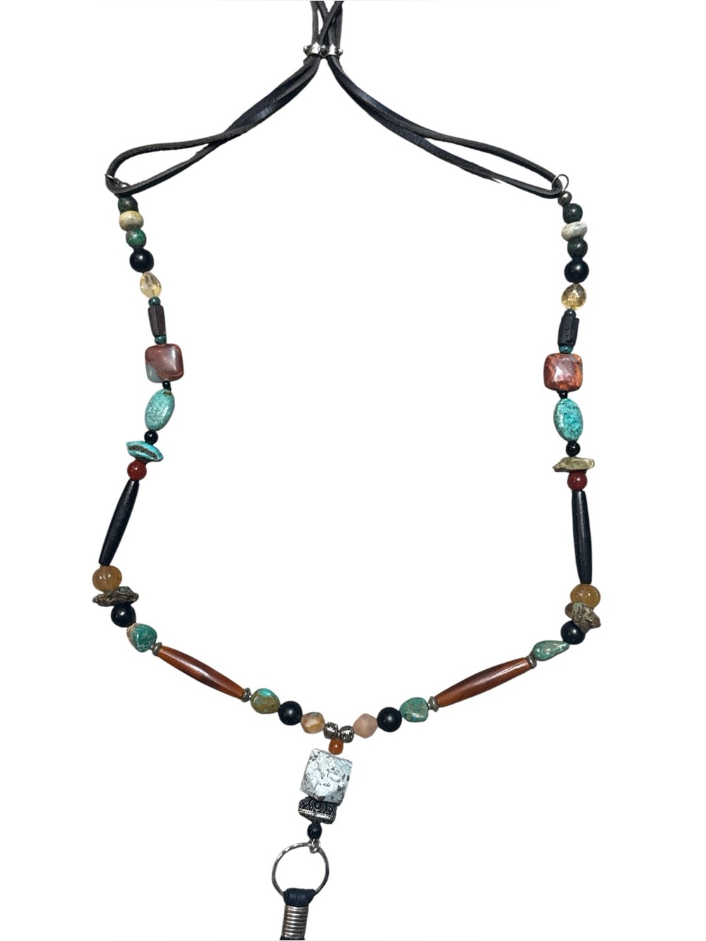 Artisan Southwest Turquoise Buffalo Horn Leather Lariat Tassel Necklace 29-37” - Picture 3 of 7